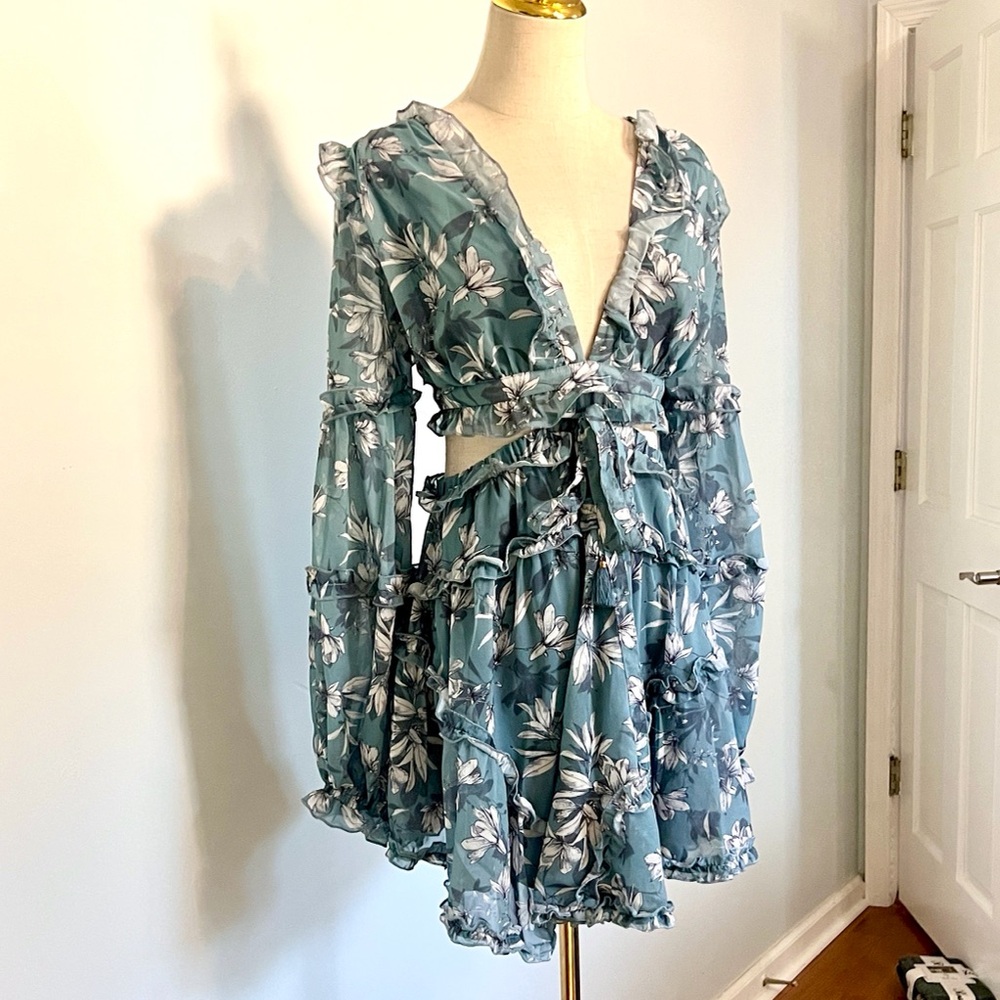 Luxxel Blue Floral Chiffon Two-Piece Illusion Dress Lace-Up Back,Ruffle Size L - Picture 5 of 11